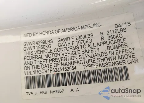 2018 Honda Accord Ex-L из США, поврежденный, VIN 1HGCV1F63JA162654